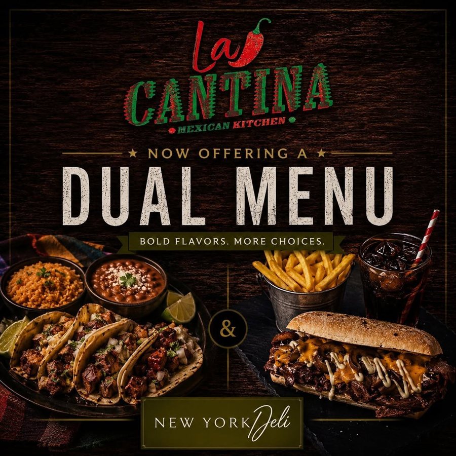 La Cantina Mexican Kitchen and New York Deli dual menu poster