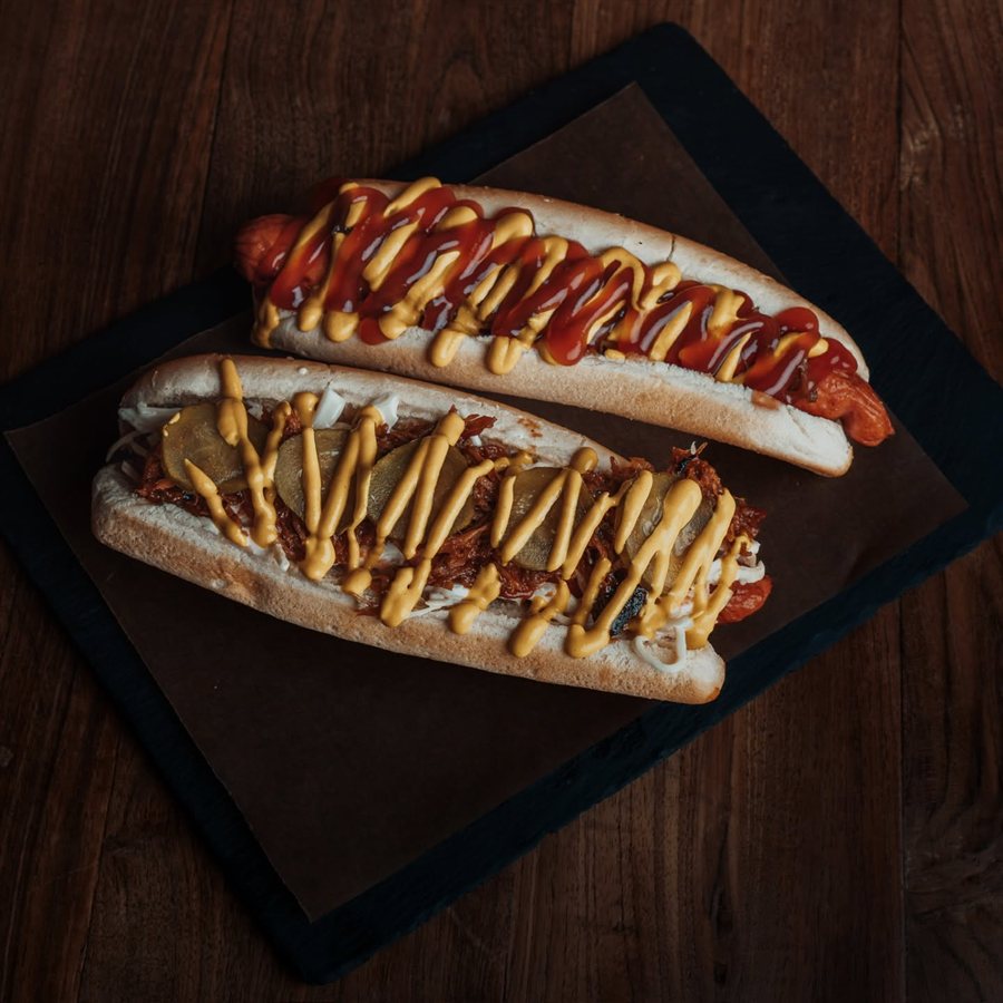 Two loaded hot dogs